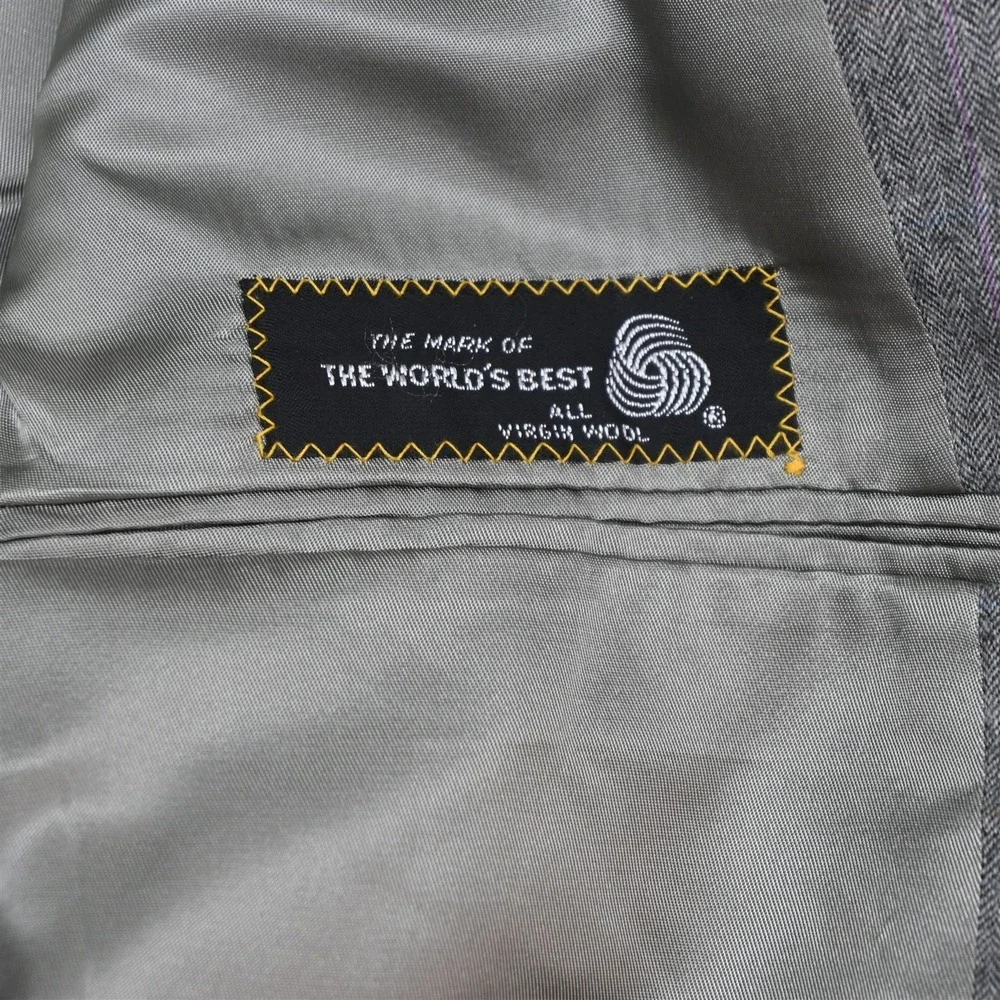 Vtg USA Made 42L 30x34 Gray Herringbone 100% Wool Flannel Mens Jacket Pants Suit
